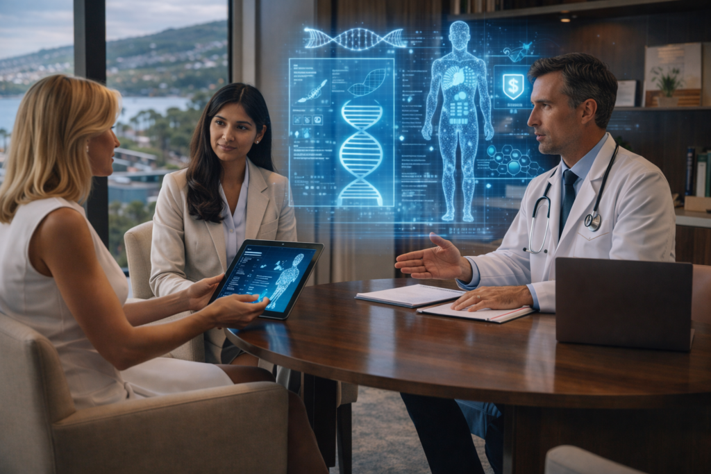 Private medical consultation in a high-end clinic, with genomic data and human DNA visuals displayed as clinicians discuss personalised precision care around a conference table.