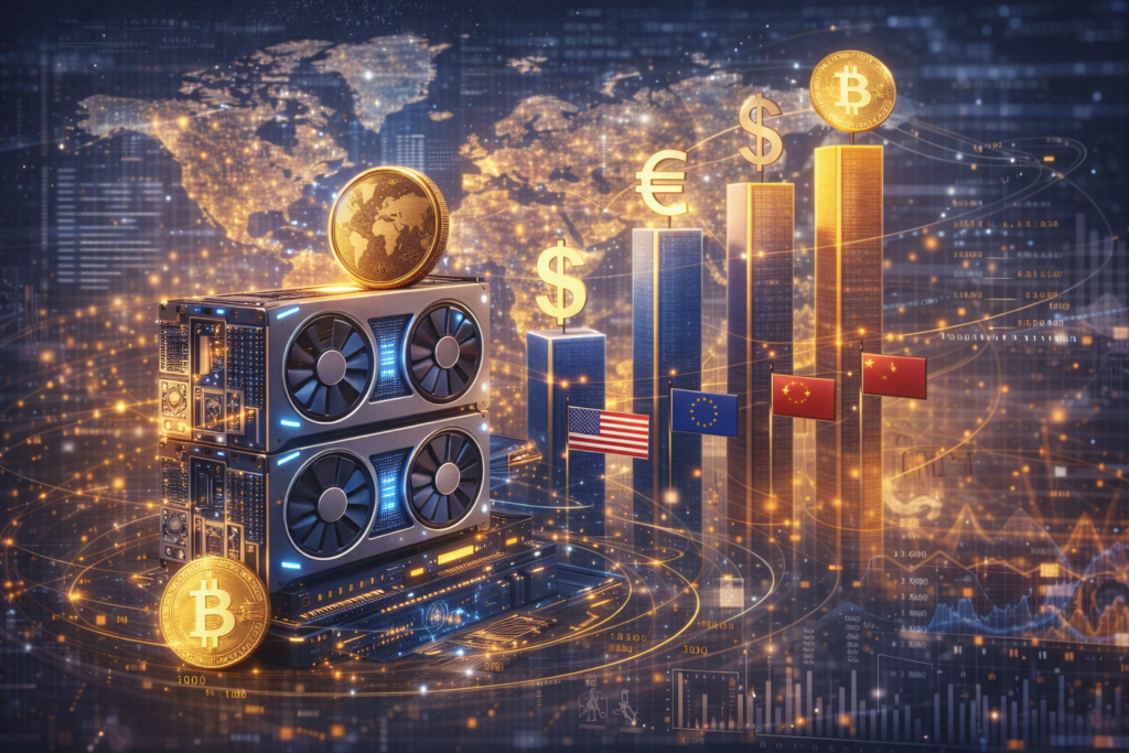 Digital illustration showing GPU hardware alongside global currency symbols and a world map, representing the link between computing power and monetary influence.