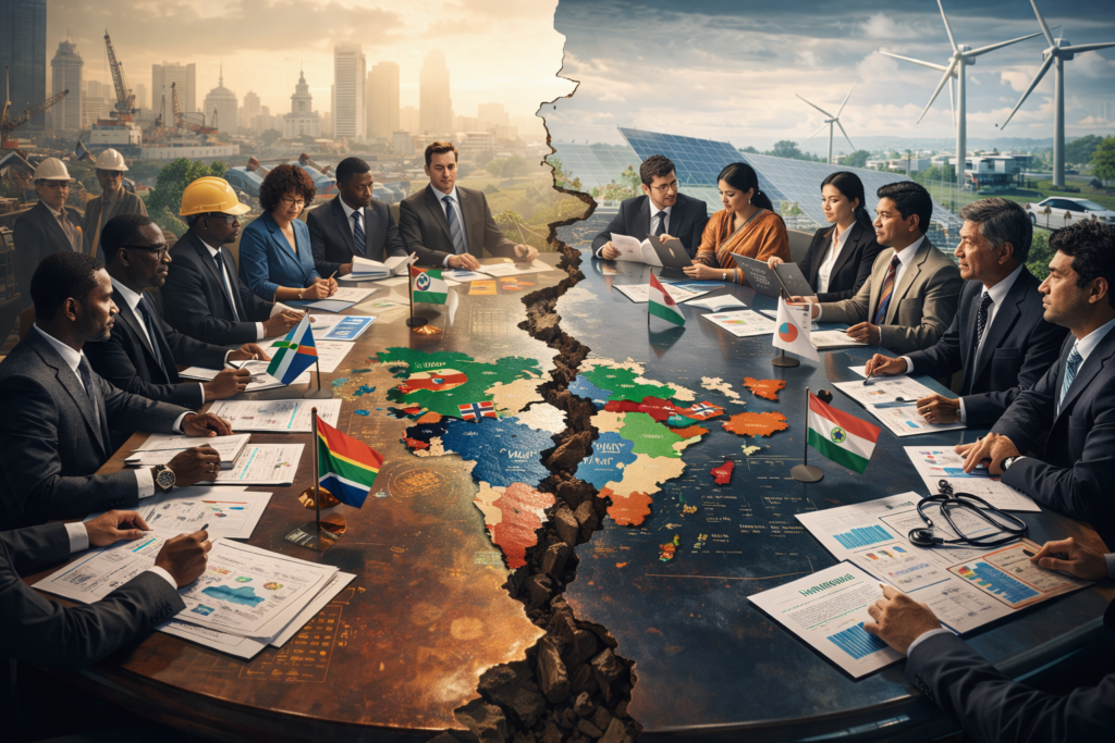 The Fragmentation Gamble and the Rise of Issue-Based Partnerships in the Global South Editorial photograph of diplomats and policy officials from Global South countries meeting around a table marked by a fragmented world map, discussing sector specific partnerships in infrastructure and energy.