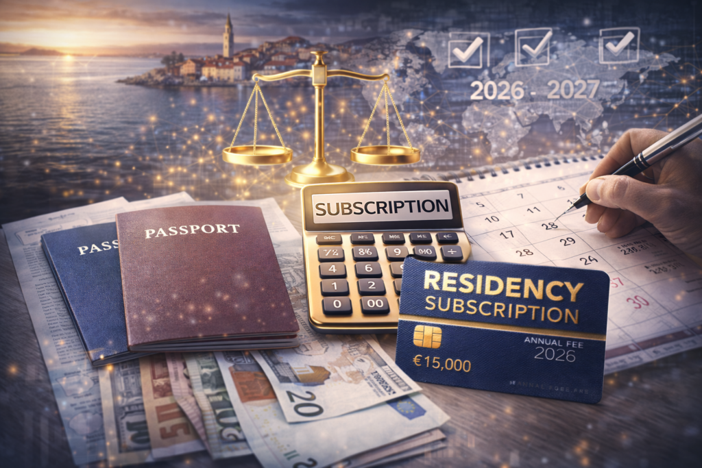 Passports, a calculator marked subscription, and a residency card with an annual fee displayed on financial documents, symbolising subscription-based citizenship and retirement planning.