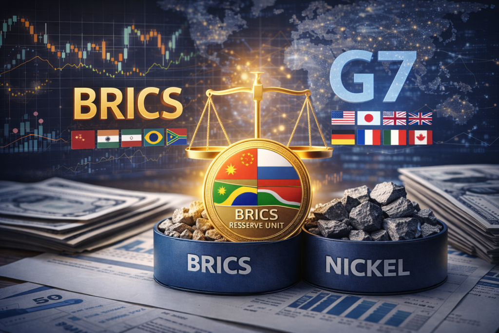 The BRICS reserve unit and the quiet reshaping of monetary influence Composite image showing national flags of BRICS and G7 countries arranged around currency symbols and financial charts, representing shifts in global reserve currency coordination.