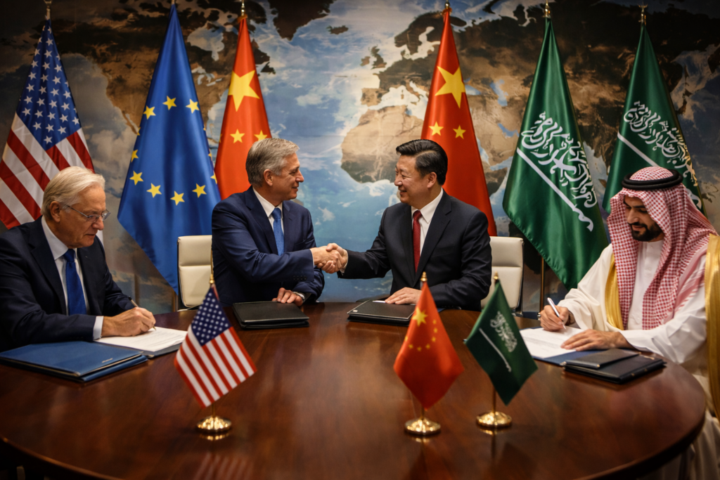 The Polycentric Shift and Why American Transactionalism is Redefining Global Power Dynamics in 2026 Editorial photograph of political leaders from the United States, European Union, China, and Saudi Arabia seated at a round table signing agreements beneath national flags and a world map backdrop.