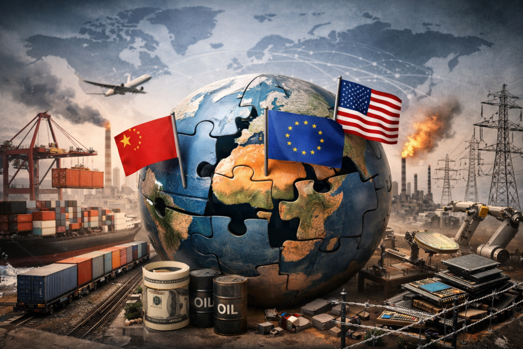 Editorial illustration of a fragmented globe marked by U.S., EU, and China flags, surrounded by shipping containers, factories, oil barrels, power lines, and semiconductor components, symbolizing the restructuring of global trade and supply chains.