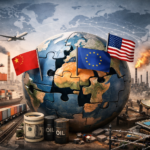 Editorial illustration of a fragmented globe marked by U.S., EU, and China flags, surrounded by shipping containers, factories, oil barrels, power lines, and semiconductor components, symbolizing the restructuring of global trade and supply chains.