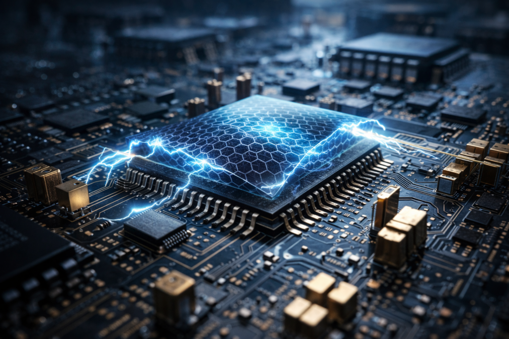A macro view of a semiconductor chip shows a graphene-like layer integrated into circuitry, illustrating the push beyond silicon toward new materials in advanced computing.