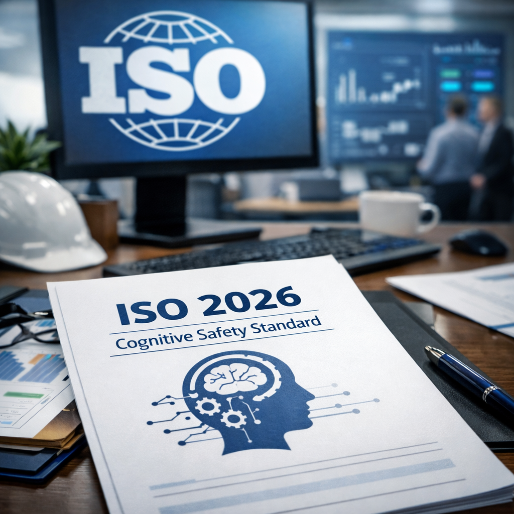 ISO 2026 establishes first international standard for cognitive safety at work Document titled ‘ISO 2026 Cognitive Safety Standard’ on an office desk, featuring a stylized brain icon, with an ISO logo displayed on a computer screen in the background of a modern workplace.