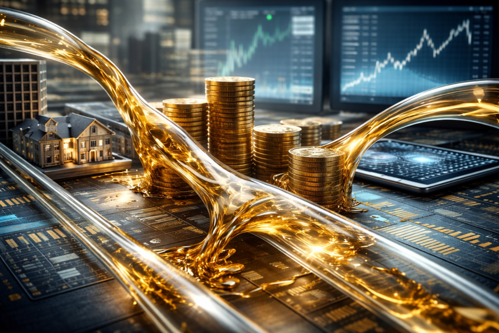 The Era of Superfluid Wealth and the Death of Illiquid Assets Editorial illustration depicting liquid gold flowing between coins, property models, and digital screens, symbolising the shift from illiquid assets toward more fluid and mobile forms of wealth.