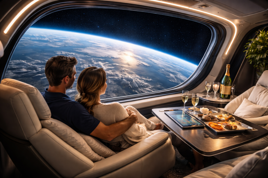 The Silent Voyage and Why Ultra-Private Orbital Tourism is the Final Frontier of Luxury Editorial photograph of a couple seated inside a private spacecraft cabin, viewing Earth through a panoramic window with champagne and a tablet on the table, illustrating ultra-private orbital luxury travel.