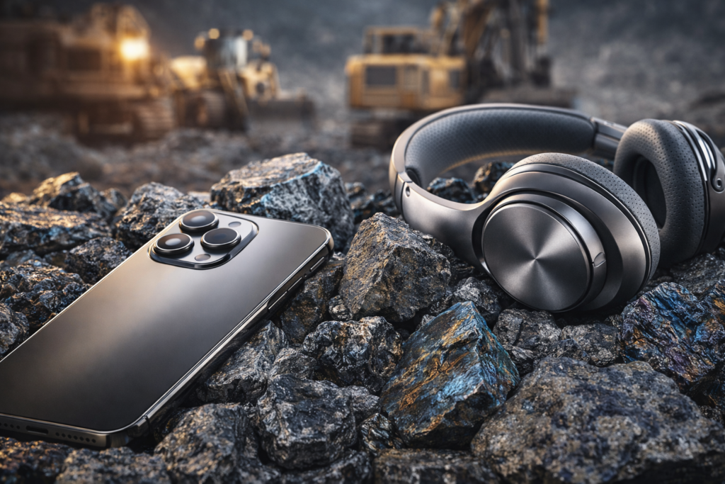 Illustration showing rare earth materials flowing into high end electronic devices, highlighting supply constraints shaping luxury electronics production.