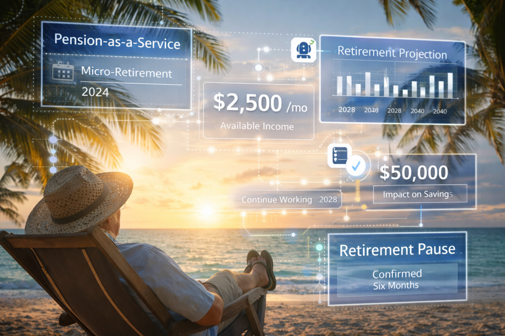 Person reclining on a beach chair at sunset, with translucent financial dashboard graphics overlaid showing pension balances, income projections, and a planned micro-retirement period.