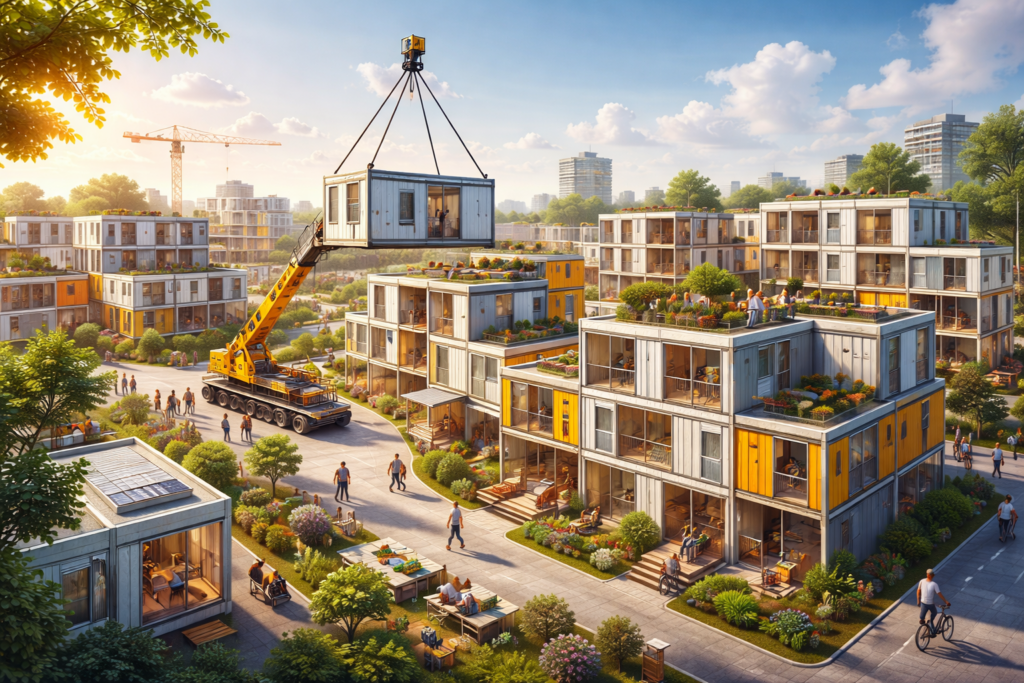Illustration of a modular micro city with prefabricated housing units being installed by crane, showing compact residential blocks with shared green spaces and services.