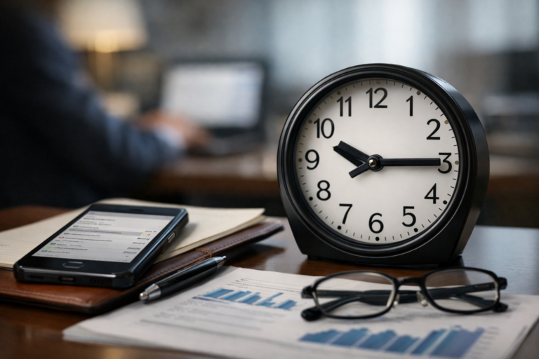 Professional editorial photograph of an executive desk with analog clock, smartphone displaying messages, financial reports and eyeglasses, symbolising structured time management and reduced always-on culture.