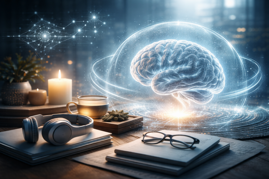 Abstract editorial image depicting a human brain rendered in muted tones with slowed motion lines, suggesting cognitive deceleration and neurological recovery rather than stimulation or performance.