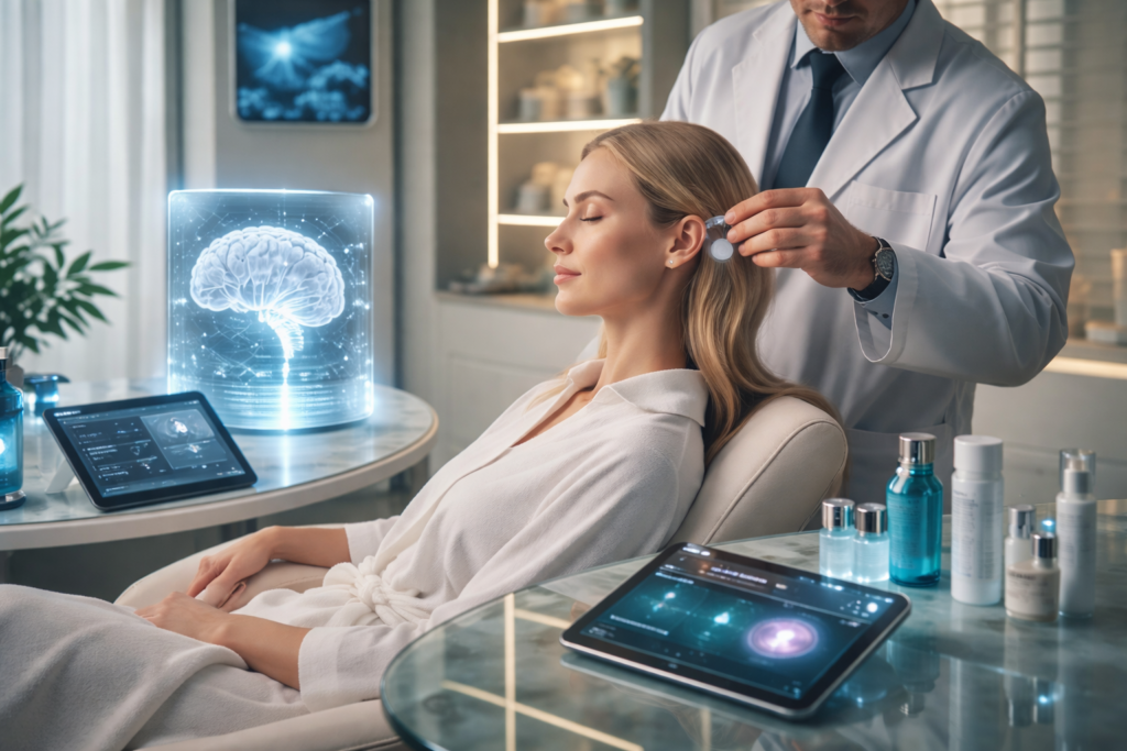 Patient seated in a private clinic while a clinician adjusts a neural implant near the ear, with brain imaging displays and medical devices visible, indicating mood and appearance regulation technology.
