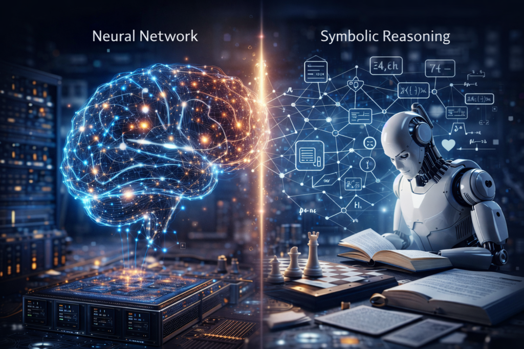 Editorial image illustrating artificial intelligence research, with a digital neural network brain on one side and symbolic logic diagrams and a humanoid robot studying documents on the other, representing the shift toward neuro symbolic AI.