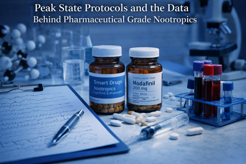 Peak State Protocols and the Data Behind Pharmaceutical Grade Nootropics Editorial photograph of pharmaceutical grade nootropics in a clinical lab setting, with labeled pill bottles, EEG charts, blood samples, and research equipment representing data driven cognitive enhancement.
