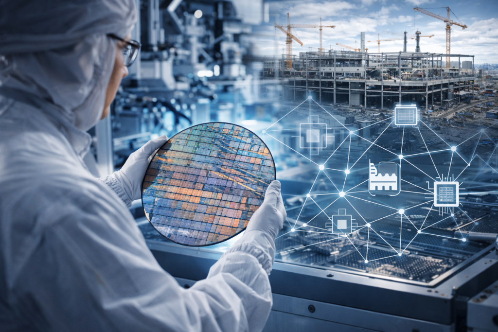 Technician in cleanroom inspecting a semiconductor wafer inside a fabrication facility, with chip plant construction in the background, illustrating semiconductor reshoring and new industrial clusters.