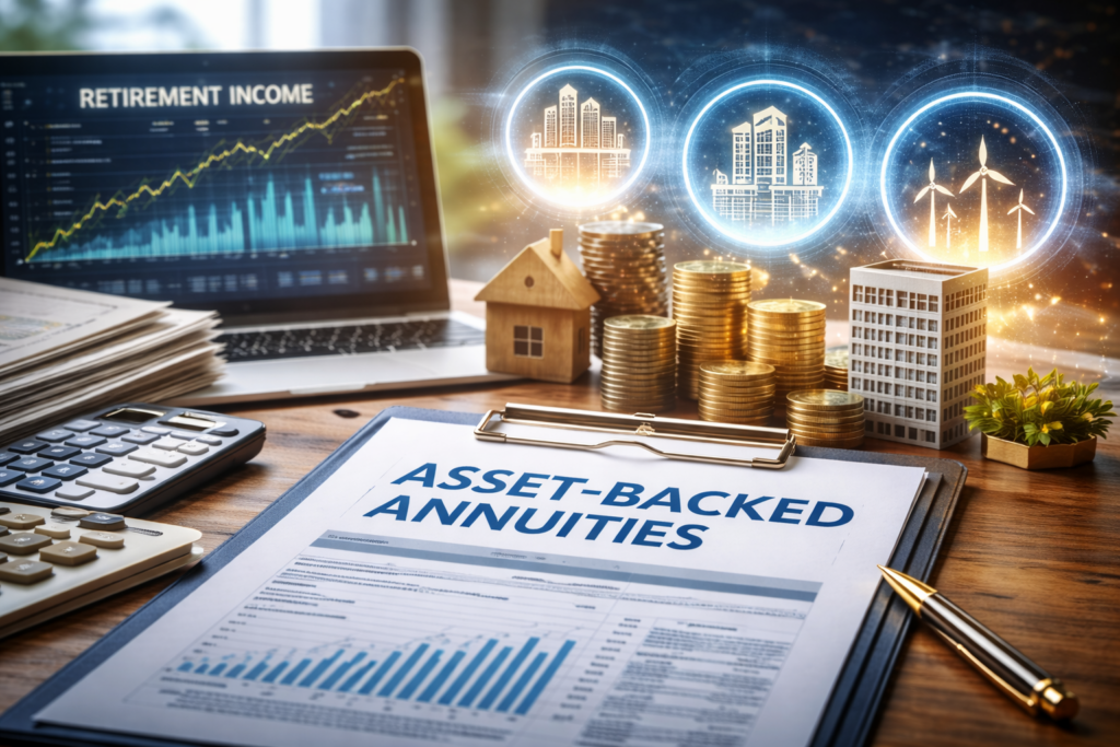 Desk displaying asset-backed annuity documents with financial charts, coins, and property models, illustrating retirement income supported by long-term assets.