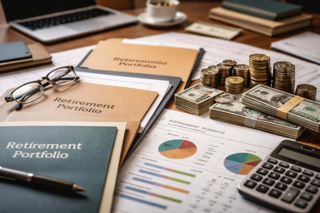 Abstract illustration of personal retirement assets shown as separate equity holdings replacing a single pension fund, representing the shift toward individualized retirement planning.