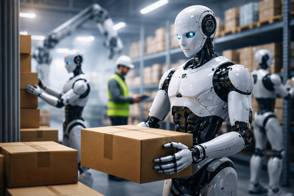 Humanoid robots handle packages inside a warehouse environment, illustrating AI systems operating autonomously in physical space alongside human oversight.