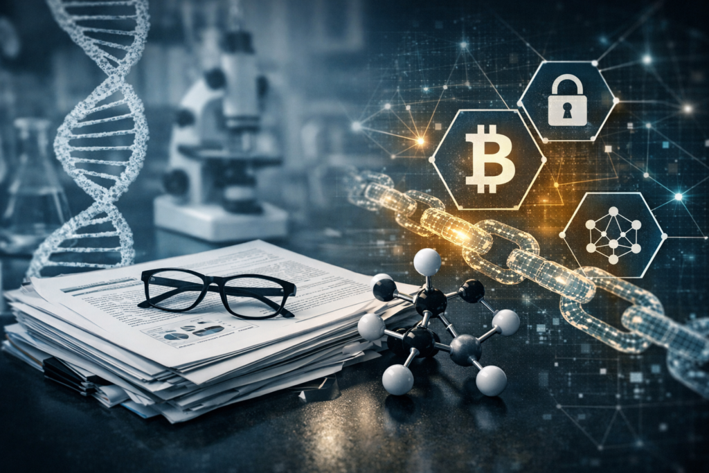 A conceptual image showing scientific research papers, a DNA helix, and a molecular model alongside blockchain symbols, illustrating the intersection of decentralized science and digital infrastructure.