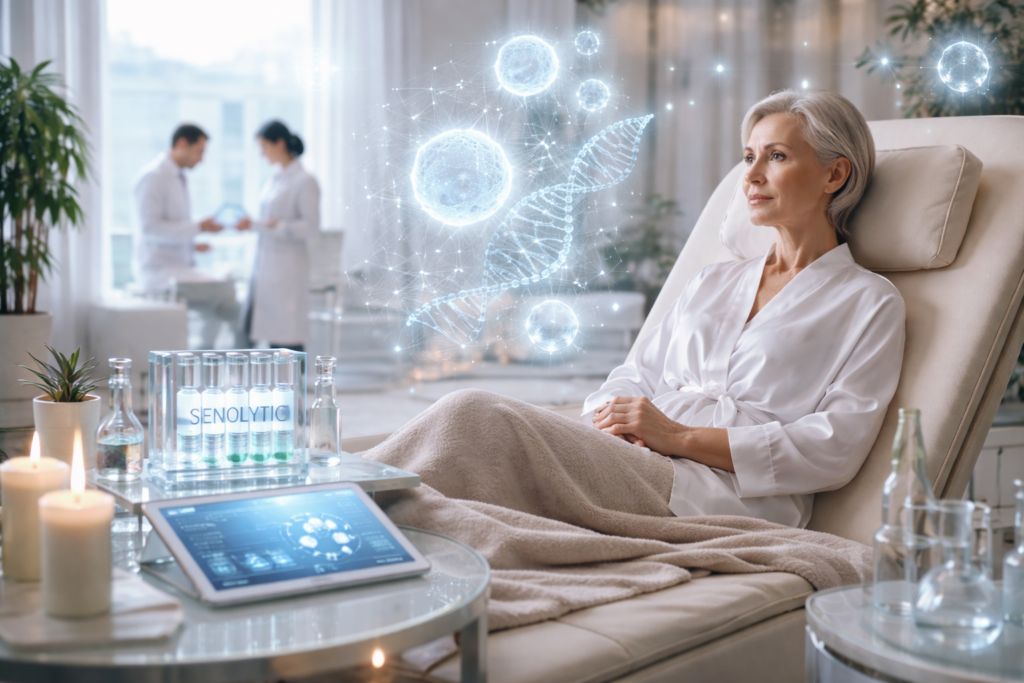 Senolytic clinics and the new aesthetics of biological renewal Woman resting in a private medical clinic while cellular imagery and laboratory vials suggest senolytic treatment, reflecting the growing market for biological ageing interventions.