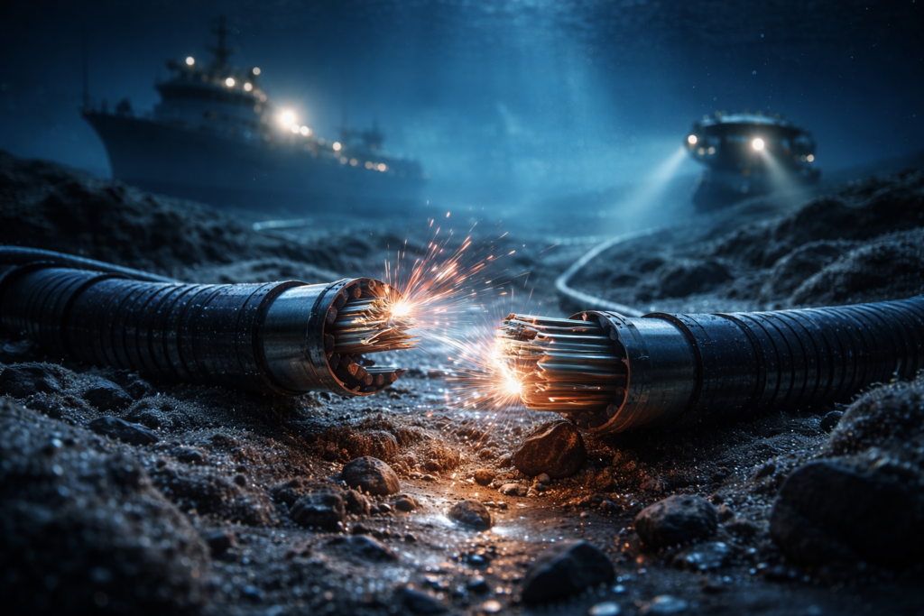A damaged subsea fiber-optic cable lies on the ocean floor near a repair vessel, highlighting the physical vulnerability of global internet infrastructure.