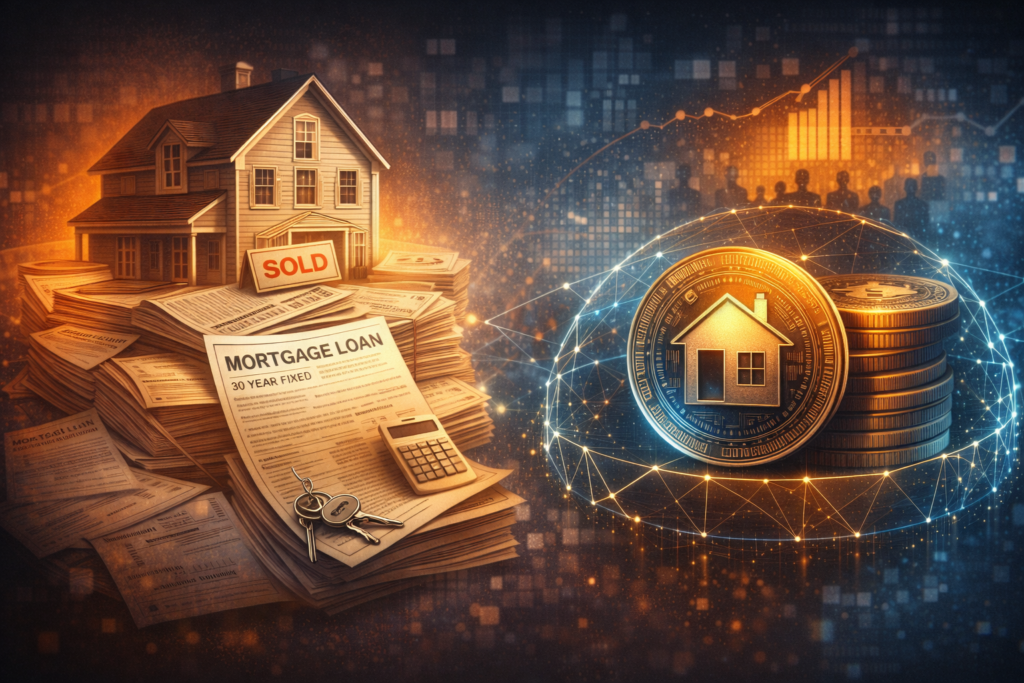 Illustration showing a traditional home and 30 year mortgage paperwork on one side and digital real estate tokens on the other, symbolizing the shift toward programmable housing debt.