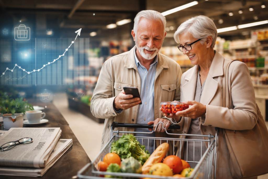 Older couple shopping in a modern supermarket, reviewing products with a smartphone, symbolizing the longevity economy and aging consumer trends.