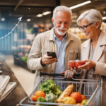 Older couple shopping in a modern supermarket, reviewing products with a smartphone, symbolizing the longevity economy and aging consumer trends.