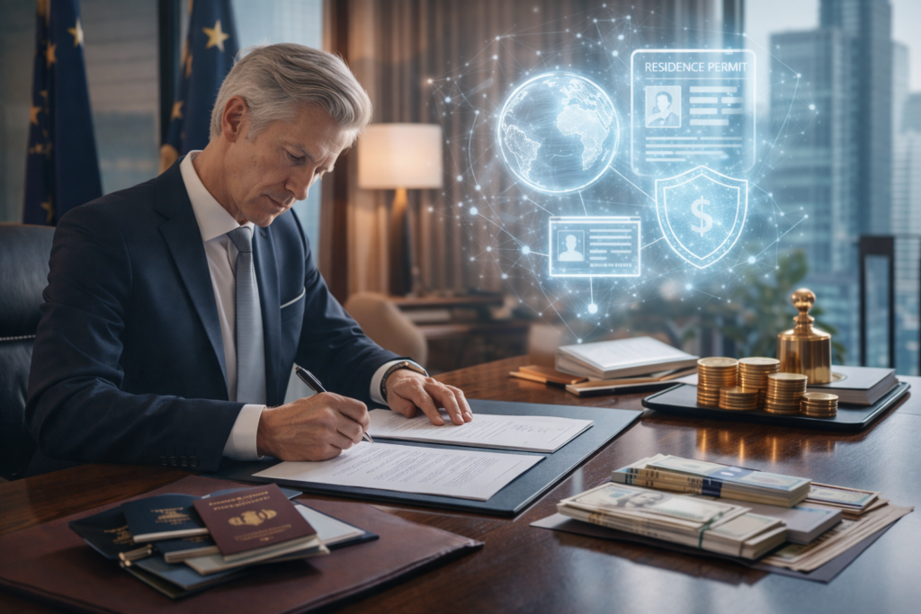 The sovereign lifestyle tax and the subscription model of fiscal residence Affluent individual working on a laptop at a waterfront residence, with travel documents, tax papers, and multiple country flags visible, illustrating global mobility and subscription-style tax residency.