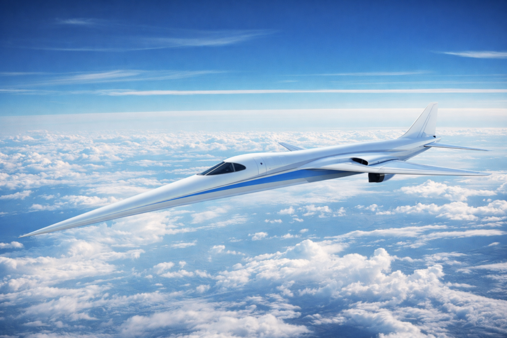 Sleek white supersonic passenger jet with a long needle nose flying high above the clouds, representing the future of high speed aviation.