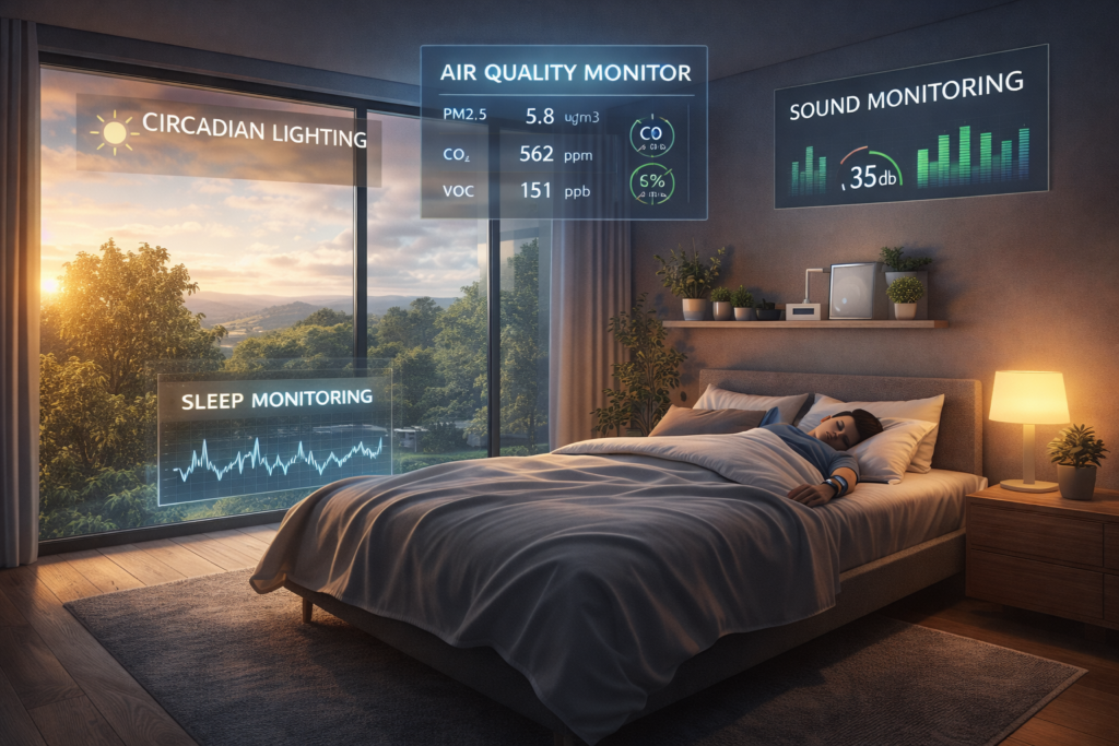 Illustration of a modern home interior designed around health focused features, showing natural light, clean air flow, quiet spaces, and integrated environmental monitoring.