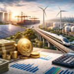 Editorial photograph showing stacks of currency and financial charts in the foreground, with wind turbines, solar panels, a container port, industrial facilities, and a high-speed rail line in the background, illustrating sovereign investment shifting toward large-scale infrastructure.