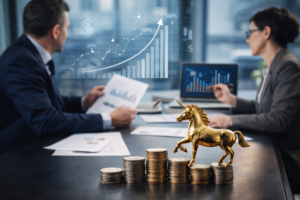 Startup founders reviewing financial projections in a modern office, symbolizing the shift toward profit-first unicorns in the post-growth venture capital era.