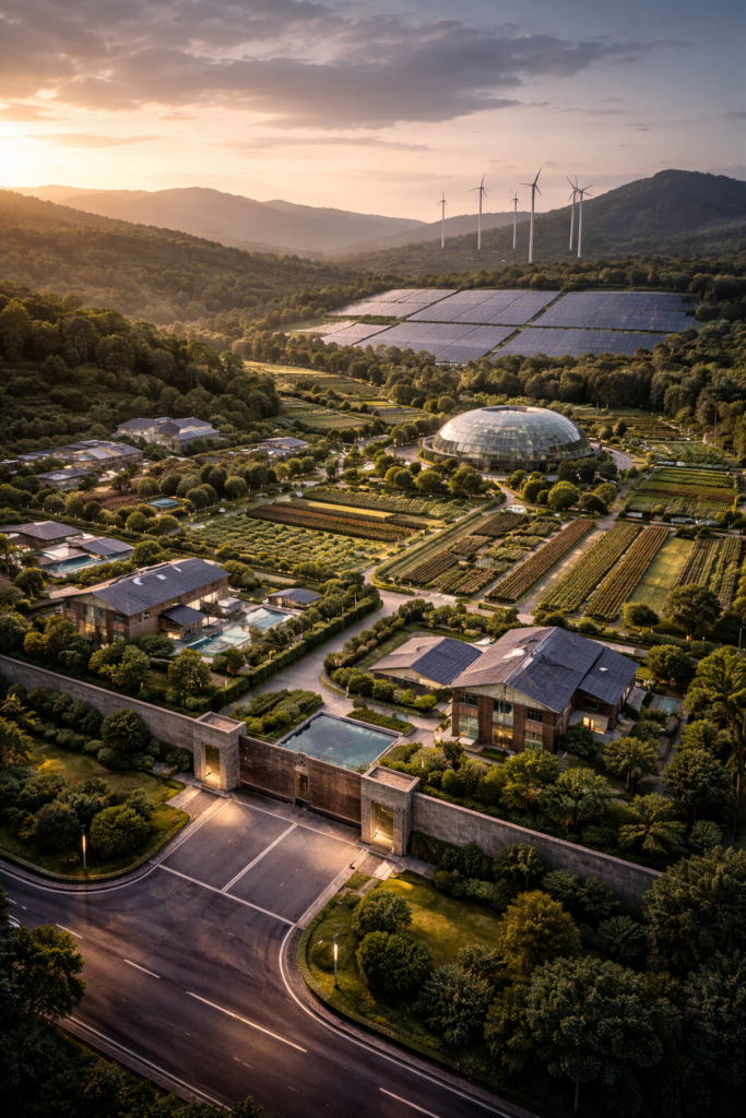 Aerial view of a self-contained residential estate with on-site energy, food production, and water systems, enclosed within a managed landscape and set apart from surrounding terrain.