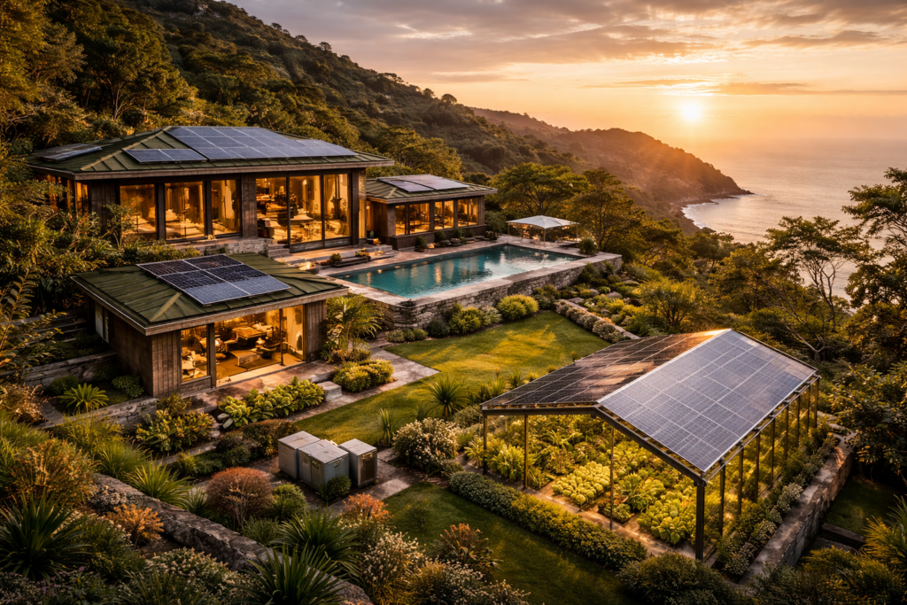Energy autonomous luxury estate with solar powered buildings, water independent systems, and on site food production, illustrating the new standard of sustainable luxury living.