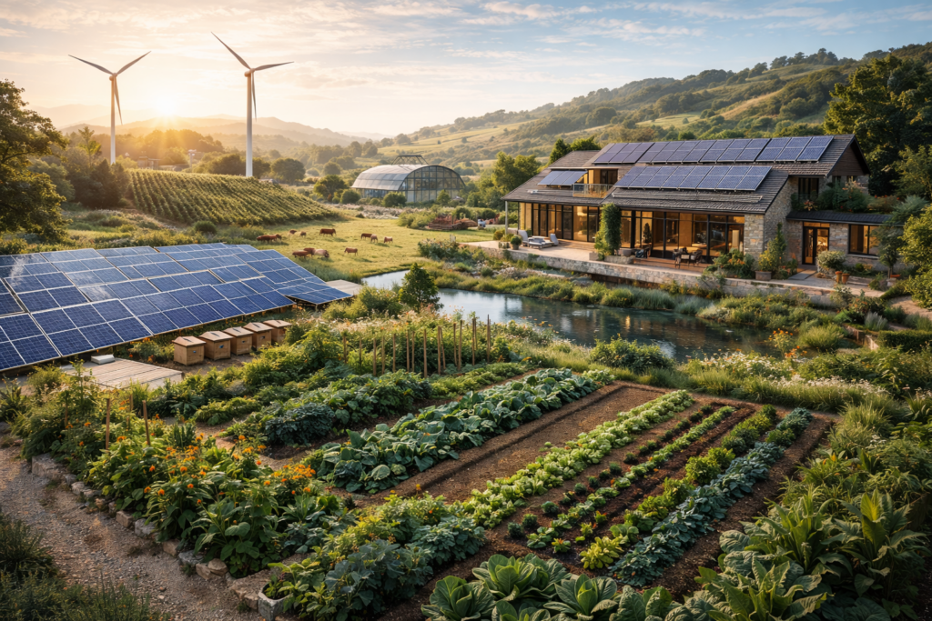 Editorial photograph of a modern countryside estate with solar panels, cultivated gardens, water reservoirs, and restored natural landscape, illustrating a self-sustaining luxury property designed around regenerative living.