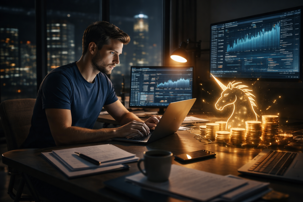 A solo founder works late at a desk in a city office, monitoring business metrics on a laptop as a symbolic unicorn graphic reflects high valuation achieved without a large team.