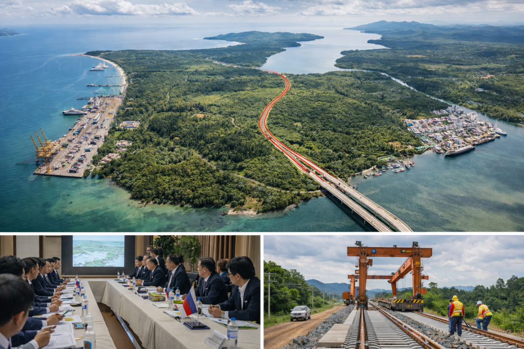 Aerial view of southern Thailand showing proposed land bridge route between two coasts, with port facilities, investor meeting and railway construction works.