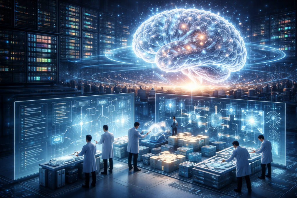 Editorial image showing a luminous abstract brain structure above data infrastructure and analytical workstations, suggesting a shift from scale-driven computation toward structured reasoning processes.