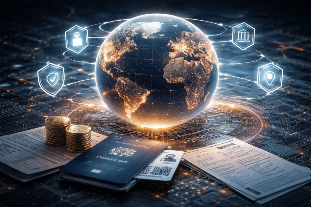 Conceptual editorial image showing a digital globe connected to identity and tax symbols, representing digital residency and the weakening of location-based taxation.