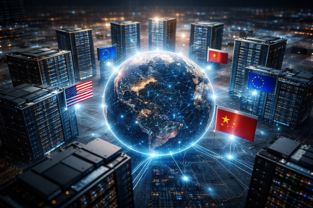 Global data centers and national symbols surround a connected digital globe, representing geopolitical competition over AI compute and sovereign intelligence.