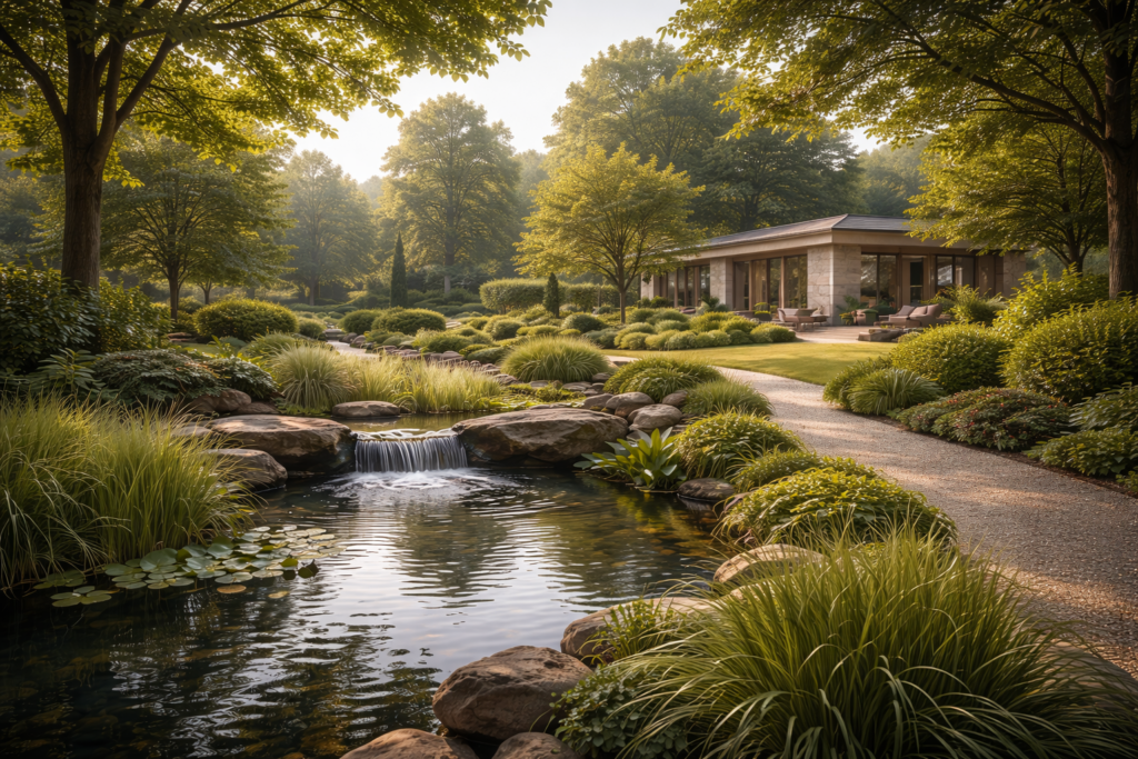 Landscape designed for sound control with trees, water features, and soft terrain surrounding a luxury residence, illustrating acoustic ecology in high end estate design.