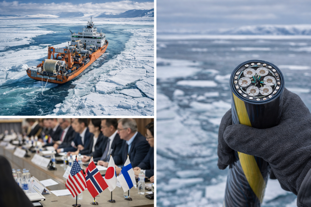 Trans-Arctic Cable Initiative Gains Momentum Amid Strategic Rivalry Icebreaking vessel laying fibre optic cable in Arctic waters, officials in meeting with national flags, and close-up of subsea cable segment against polar ice backdrop.