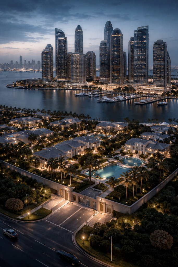 Aerial view of a gated waterfront enclave with private residences and marina, set apart from the dense urban skyline in the background at dusk.