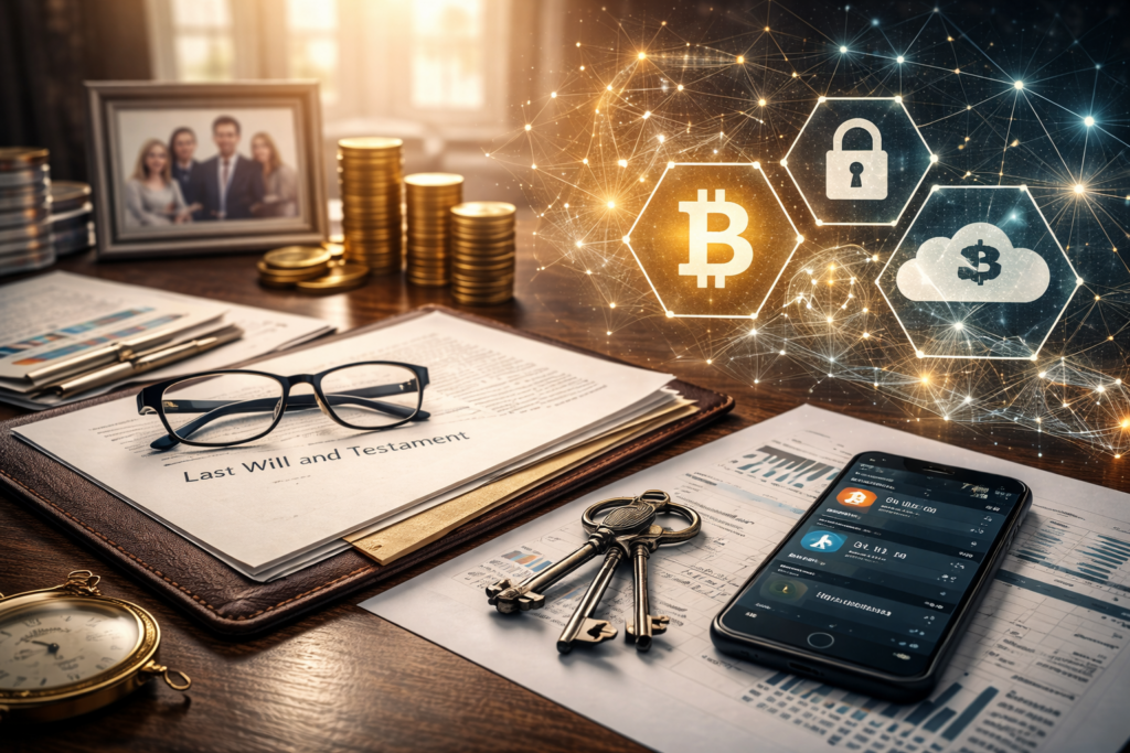 A desk scene showing a will document, financial papers, family photograph, and a smartphone displaying digital assets, illustrating wealth succession in the digital economy.